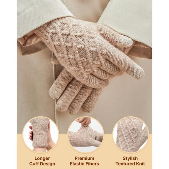 🆕Women Beige Winter Warm Touchscreen Texting Knit Thermal Wool Lining Gloves - Picture 3 of 8